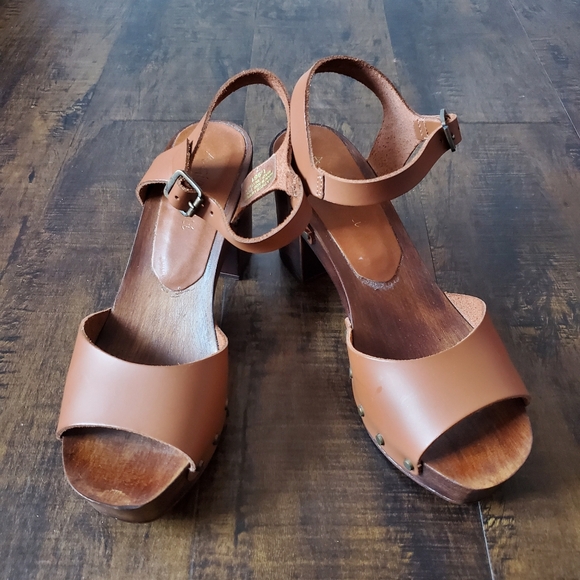 A. Giannetti Tan Leather Ankle Strap Wood Platform Clog Sandals 7M US - Picture 4 of 7